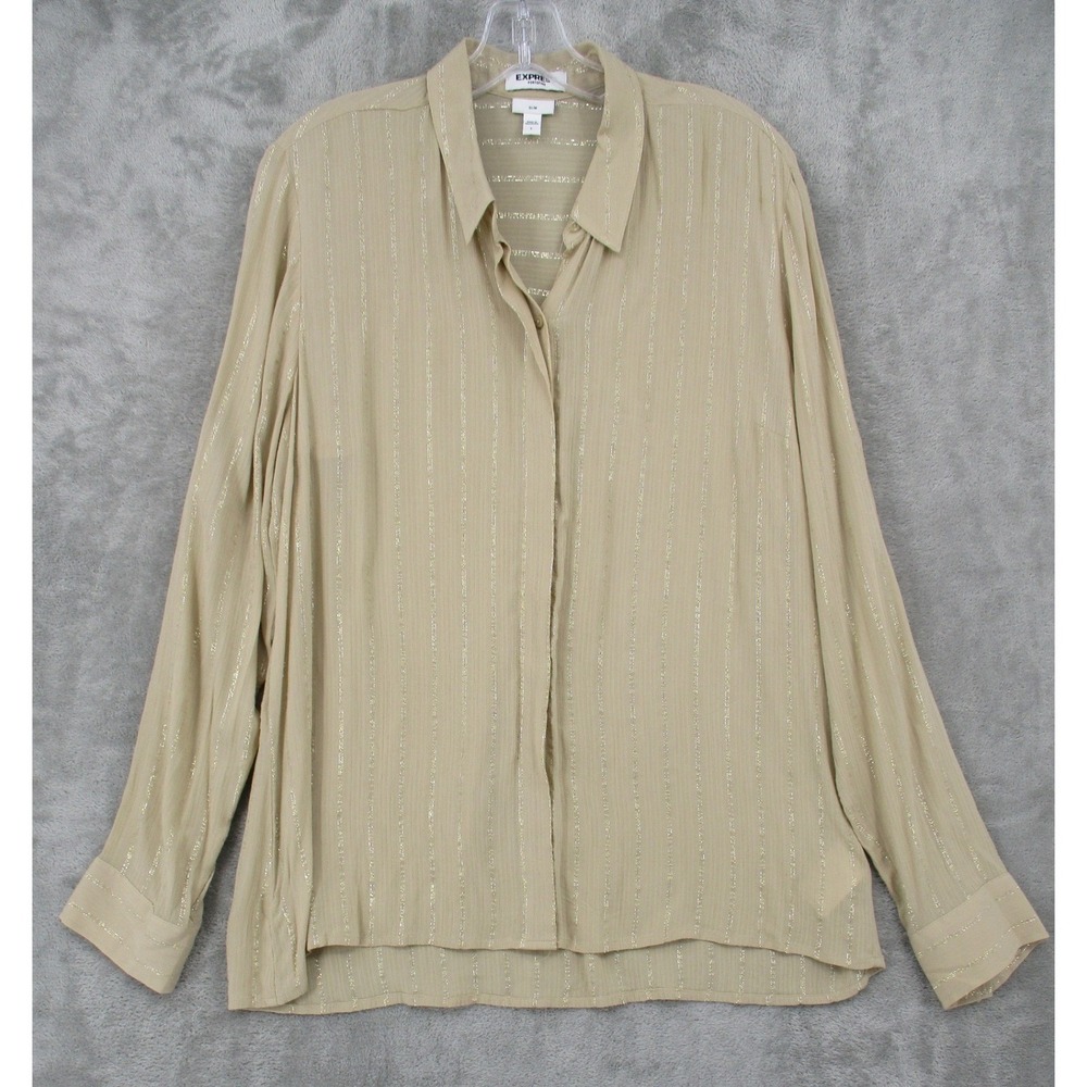 Express Blouse Womens Large Portofino Metallic Striped Sparkle Button Front Tan